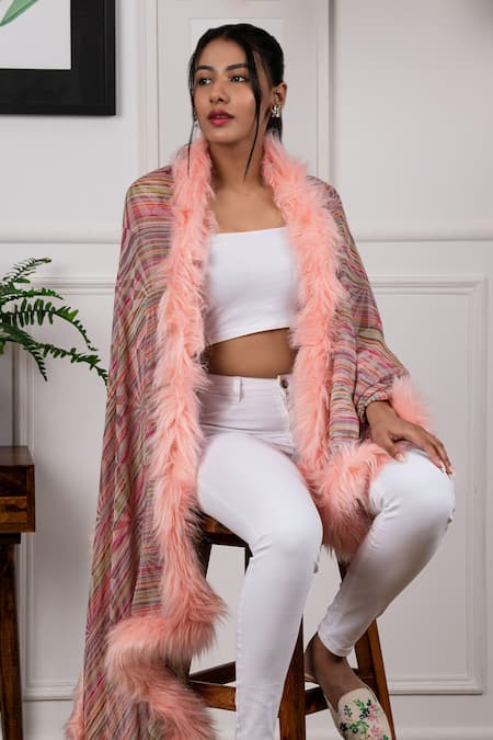 Shop_Rhe-Ana_Pink Print Faux Fur Shawl _Online_at_Aza_Fashions
