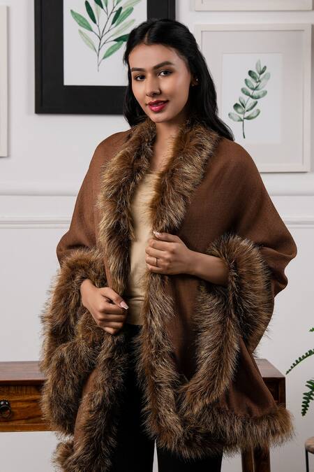 Buy_Rhe-Ana_Brown Faux Fur Shawl_Online_at_Aza_Fashions