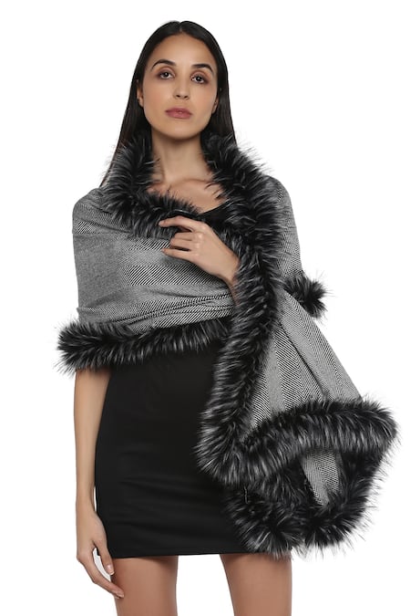 Rhe-Ana_Black Faux Fur Shawl _Online_at_Aza_Fashions