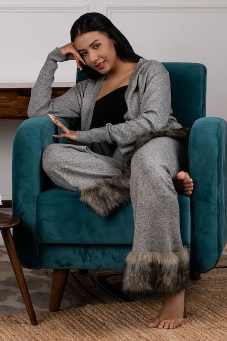 Shop Rhe-Ana Grey Blended Fabric Faux Fur Cardigan And Pant Set at Aza Fashions Shop_Rhe-Ana_Grey Blended Fabric Faux Fur Cardigan And Pant Set _at_Aza_Fashions
