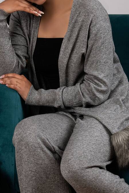 Shop Rhe-Ana Grey Blended Fabric Faux Fur Cardigan And Pant Set Online at Aza Fashions Shop_Rhe-Ana_Grey Blended Fabric Faux Fur Cardigan And Pant Set _Online_at_Aza_Fashions
