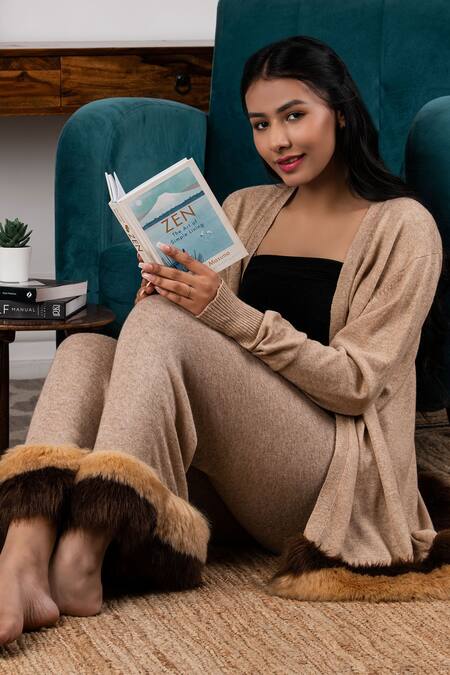 Rhe-Ana_Beige Blended Fabric Faux Fur Cardigan And Pant Set _Online_at_Aza_Fashions