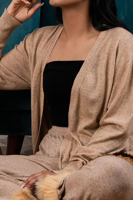 Shop_Rhe-Ana_Beige Blended Fabric Faux Fur Cardigan And Pant Set _Online_at_Aza_Fashions