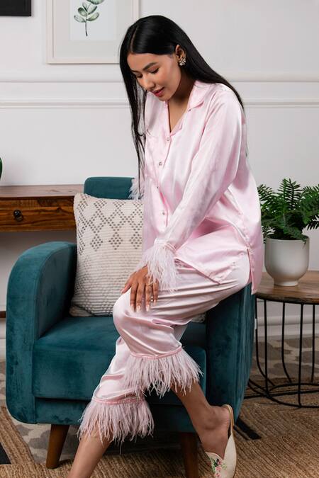 Rhe-Ana_Pink Satin Collared Neck Shirt And Pant Set _Online_at_Aza_Fashions