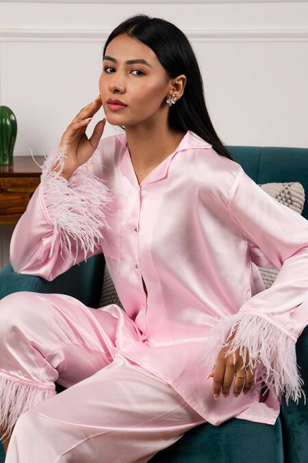 Buy_Rhe-Ana_Pink Satin Collared Neck Shirt And Pant Set _Online_at_Aza_Fashions