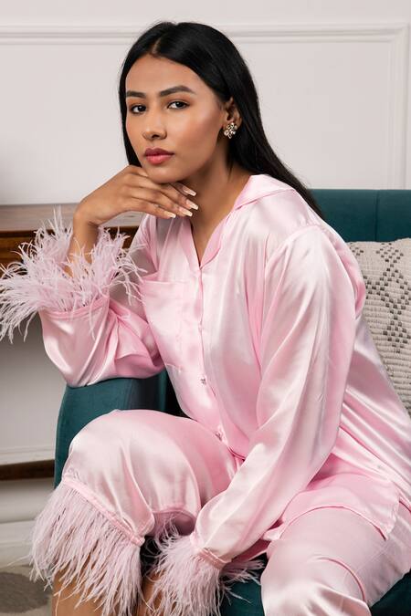 Shop_Rhe-Ana_Pink Satin Collared Neck Shirt And Pant Set _Online_at_Aza_Fashions