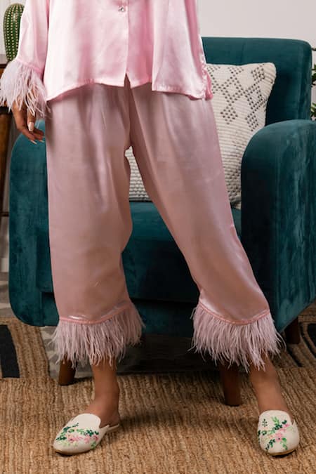 Rhe-Ana_Pink Satin Collared Neck Shirt And Pant Set _at_Aza_Fashions