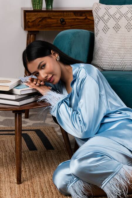 Buy_Rhe-Ana_Blue Satin Collared Neck Shirt And Pant Set _Online_at_Aza_Fashions