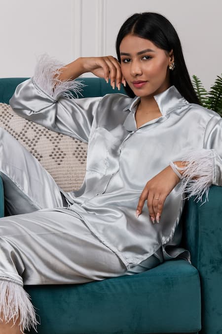Shop_Rhe-Ana_Silver Satin Collared Neck Shirt And Pant Set _Online_at_Aza_Fashions