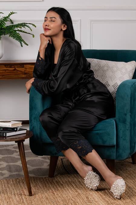 Rhe-Ana_Black Satin Lace Work Robe And Pant Set _Online_at_Aza_Fashions
