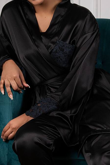Buy_Rhe-Ana_Black Satin Lace Work Robe And Pant Set _Online_at_Aza_Fashions