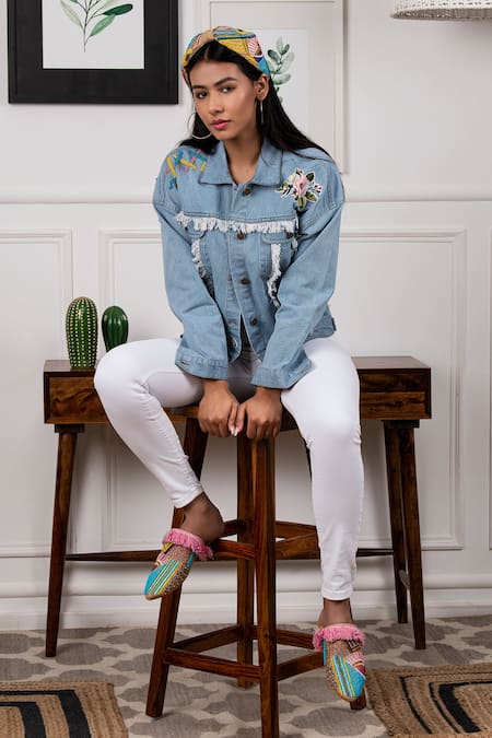 Rhe-Ana Blue Denim Embroidery Thread And Bead Collared Neck Jacket  