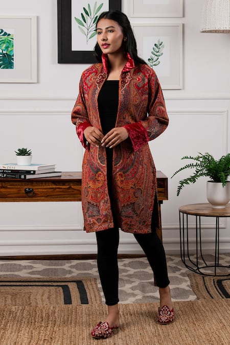 Rhe-Ana_Maroon Wool Paisley Collared Neck Jacket _Online_at_Aza_Fashions