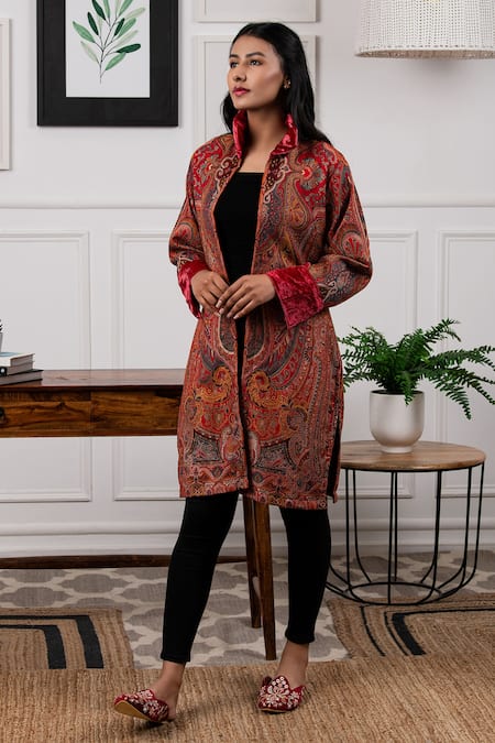 Buy_Rhe-Ana_Maroon Wool Paisley Collared Neck Jacket _Online_at_Aza_Fashions