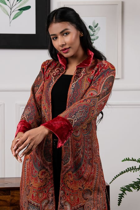 Shop_Rhe-Ana_Maroon Wool Paisley Collared Neck Jacket _Online_at_Aza_Fashions