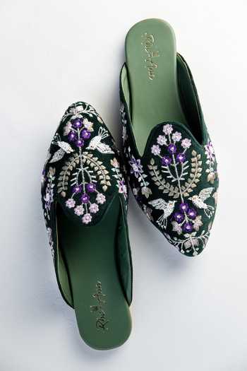 Rhe-Ana Green Embroidered Velvet Slip On Mules Online at Aza Fashions Rhe-Ana_Green Embroidered Velvet Slip On Mules _Online_at_Aza_Fashions