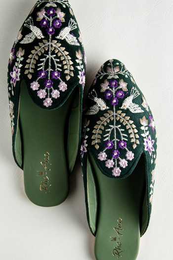 Shop Rhe-Ana Green Embroidered Velvet Slip On Mules Online at Aza Fashions Shop_Rhe-Ana_Green Embroidered Velvet Slip On Mules _Online_at_Aza_Fashions