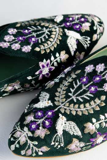 Rhe-Ana Green Embroidered Velvet Slip On Mules at Aza Fashions Rhe-Ana_Green Embroidered Velvet Slip On Mules _at_Aza_Fashions