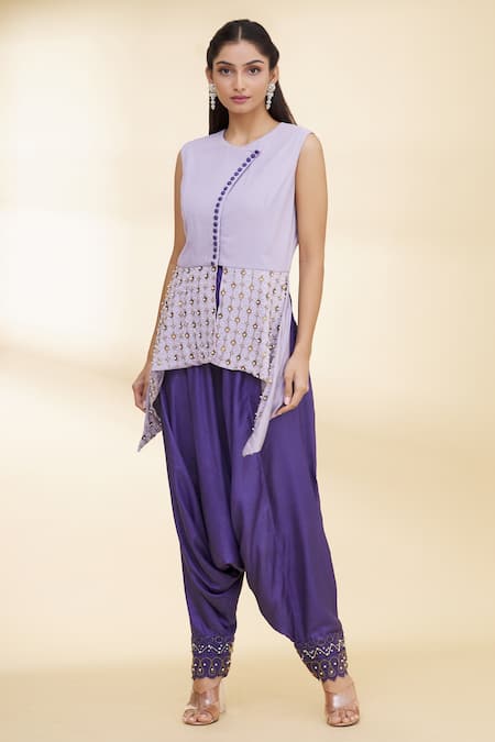 PIRI INDIA Embroidered Peplum Top And Dhoti Pant Set | Green, Glass Beads,  Top, Round, Puffed Sleeves | Aza fashion, Dhoti pants, Women