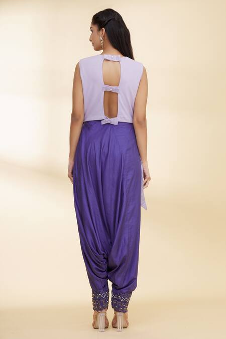 Shop_Nidzign Couture_Purple Crepe Beaded Round Asymmetric Top And Dhoti Pant Set _at_Aza_Fashions