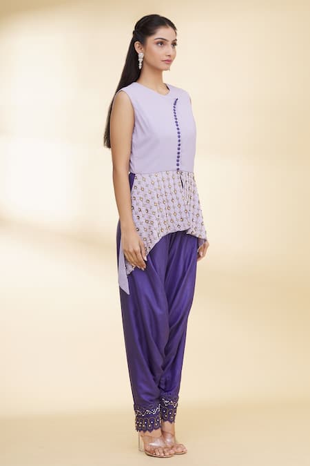 Nidzign Couture_Purple Crepe Beaded Round Asymmetric Top And Dhoti Pant Set _Online_at_Aza_Fashions