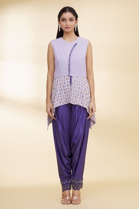 Buy_Nidzign Couture_Purple Crepe Beaded Round Asymmetric Top And Dhoti Pant Set _Online_at_Aza_Fashions