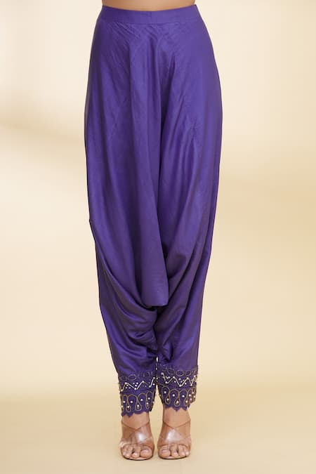Nidzign Couture_Purple Crepe Beaded Round Asymmetric Top And Dhoti Pant Set _at_Aza_Fashions