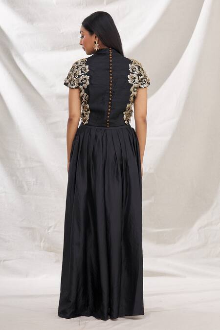 Shop_Nidzign Couture_Black Crepe Embroidered Floral Motifs High Neck Top And Draped Pant Set _at_Aza_Fashions