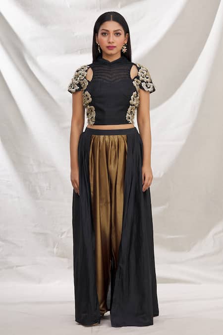 Nidzign Couture_Black Crepe Embroidered Floral Motifs High Neck Top And Draped Pant Set _Online_at_Aza_Fashions