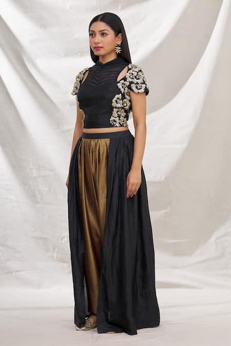 Buy_Nidzign Couture_Black Crepe Embroidered Floral Motifs High Neck Top And Draped Pant Set _Online_at_Aza_Fashions