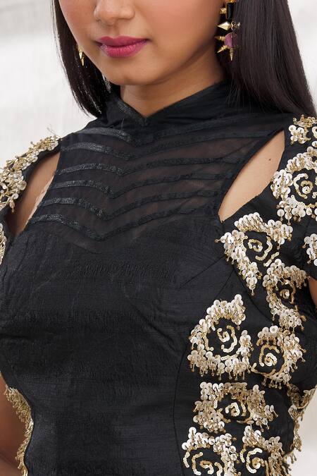 Shop_Nidzign Couture_Black Crepe Embroidered Floral Motifs High Neck Top And Draped Pant Set _Online_at_Aza_Fashions