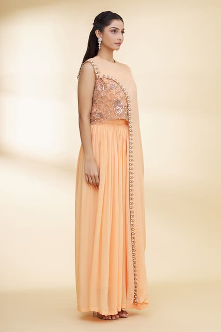 Nidzign Couture_Orange Georgette Sequins Round Cape Top And Palazzo Set _Online_at_Aza_Fashions