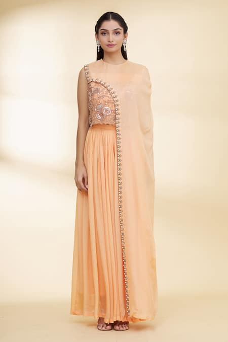 Buy_Nidzign Couture_Orange Georgette Sequins Round Cape Top And Palazzo Set _Online_at_Aza_Fashions