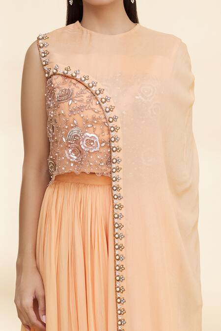 Shop_Nidzign Couture_Orange Georgette Sequins Round Cape Top And Palazzo Set _Online_at_Aza_Fashions