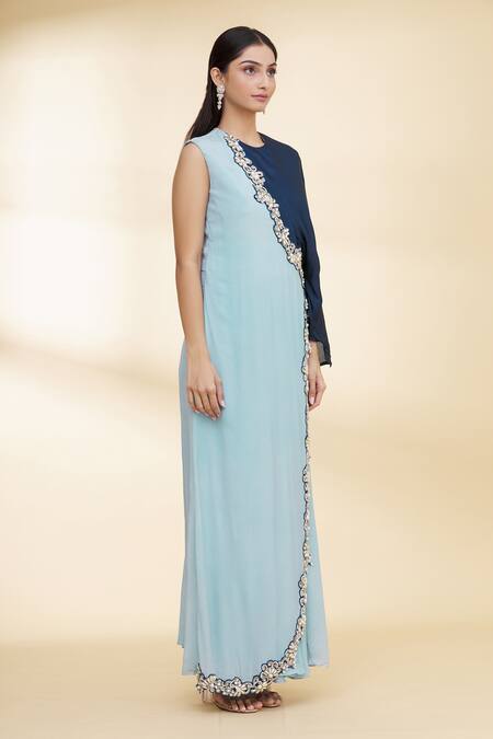 Nidzign Couture_Blue Crepe Floral Motifs Round Draped Gown _Online_at_Aza_Fashions