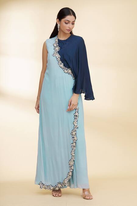 Buy_Nidzign Couture_Blue Crepe Floral Motifs Round Draped Gown _Online_at_Aza_Fashions