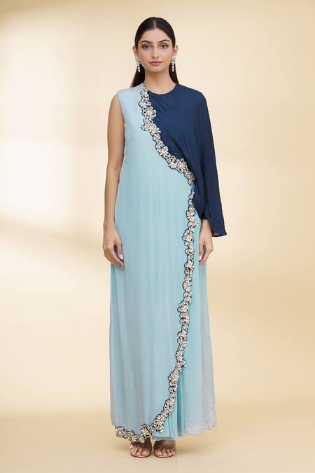 Shop_Nidzign Couture_Blue Crepe Floral Motifs Round Draped Gown _Online_at_Aza_Fashions