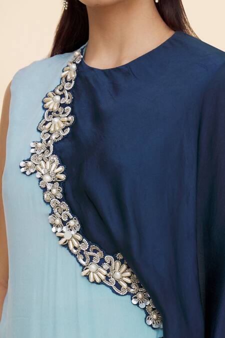 Nidzign Couture_Blue Crepe Floral Motifs Round Draped Gown _at_Aza_Fashions