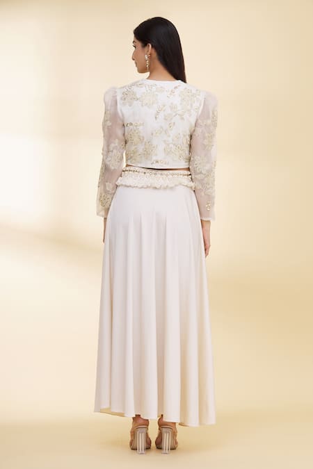 Shop_Nidzign Couture_White Organza Embellished Floral Motifs Round Top And Skirt Set _at_Aza_Fashions