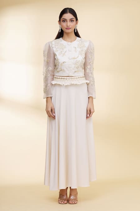 Nidzign Couture_White Organza Embellished Floral Motifs Round Top And Skirt Set _Online_at_Aza_Fashions