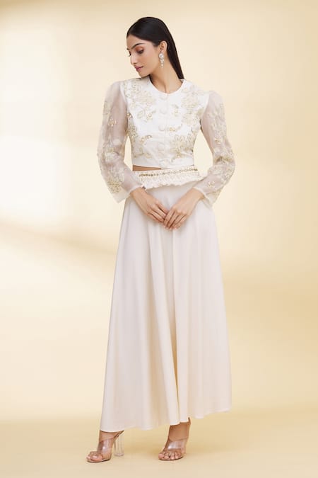 Buy_Nidzign Couture_White Organza Embellished Floral Motifs Round Top And Skirt Set _Online_at_Aza_Fashions