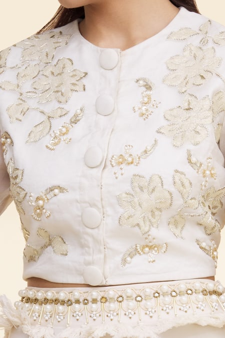 Shop_Nidzign Couture_White Organza Embellished Floral Motifs Round Top And Skirt Set _Online_at_Aza_Fashions