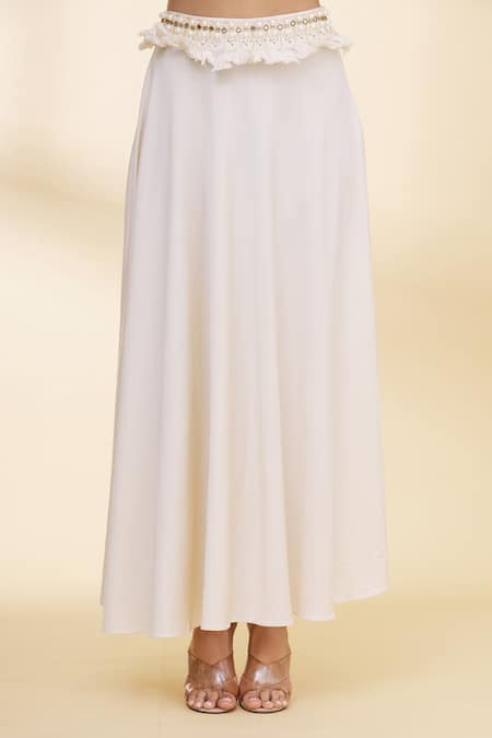 Nidzign Couture_White Organza Embellished Floral Motifs Round Top And Skirt Set _at_Aza_Fashions