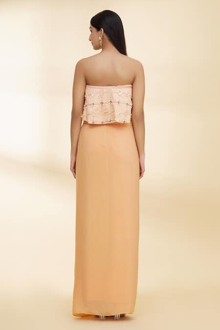 Shop_Nidzign Couture_Peach Crepe Embellished Floral Motifs One Shoulder Draped Skirt And Crop Top Set _at_Aza_Fashions