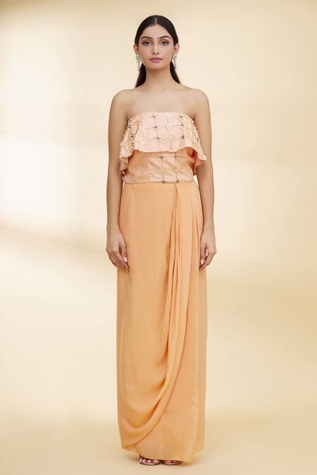 Nidzign Couture_Peach Crepe Embellished Floral Motifs One Shoulder Draped Skirt And Crop Top Set _Online_at_Aza_Fashions