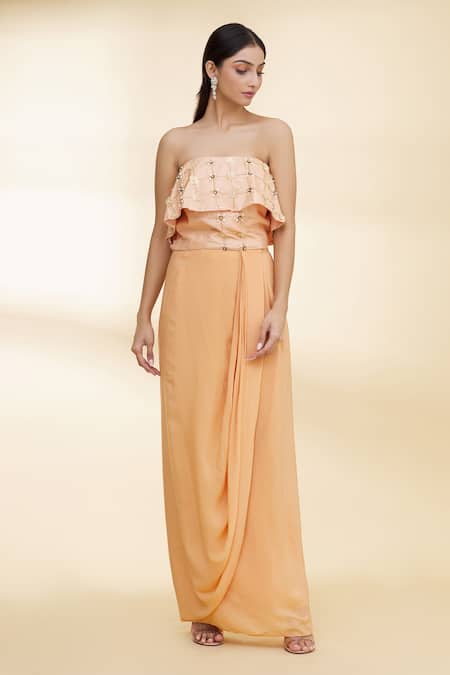 Buy_Nidzign Couture_Peach Crepe Embellished Floral Motifs One Shoulder Draped Skirt And Crop Top Set _Online_at_Aza_Fashions