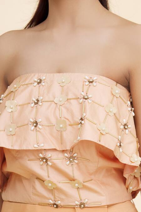 Shop_Nidzign Couture_Peach Crepe Embellished Floral Motifs One Shoulder Draped Skirt And Crop Top Set _Online_at_Aza_Fashions