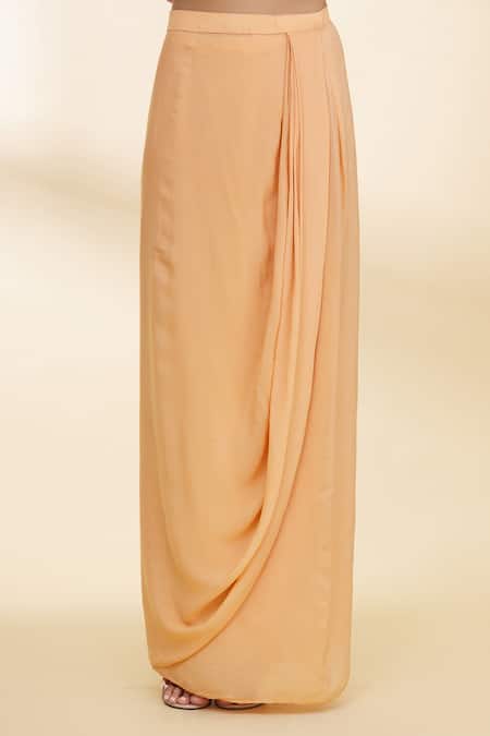 Nidzign Couture_Peach Crepe Embellished Floral Motifs One Shoulder Draped Skirt And Crop Top Set _at_Aza_Fashions