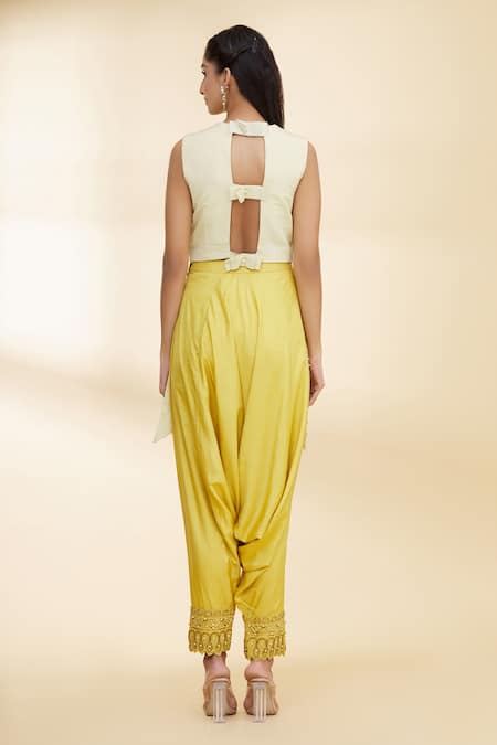Shop_Nidzign Couture_Green Crepe Beaded Round Asymmetric Top And Dhoti Pant Set _at_Aza_Fashions