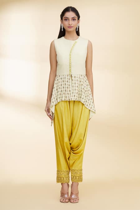 Nidzign Couture_Green Crepe Beaded Round Asymmetric Top And Dhoti Pant Set _Online_at_Aza_Fashions